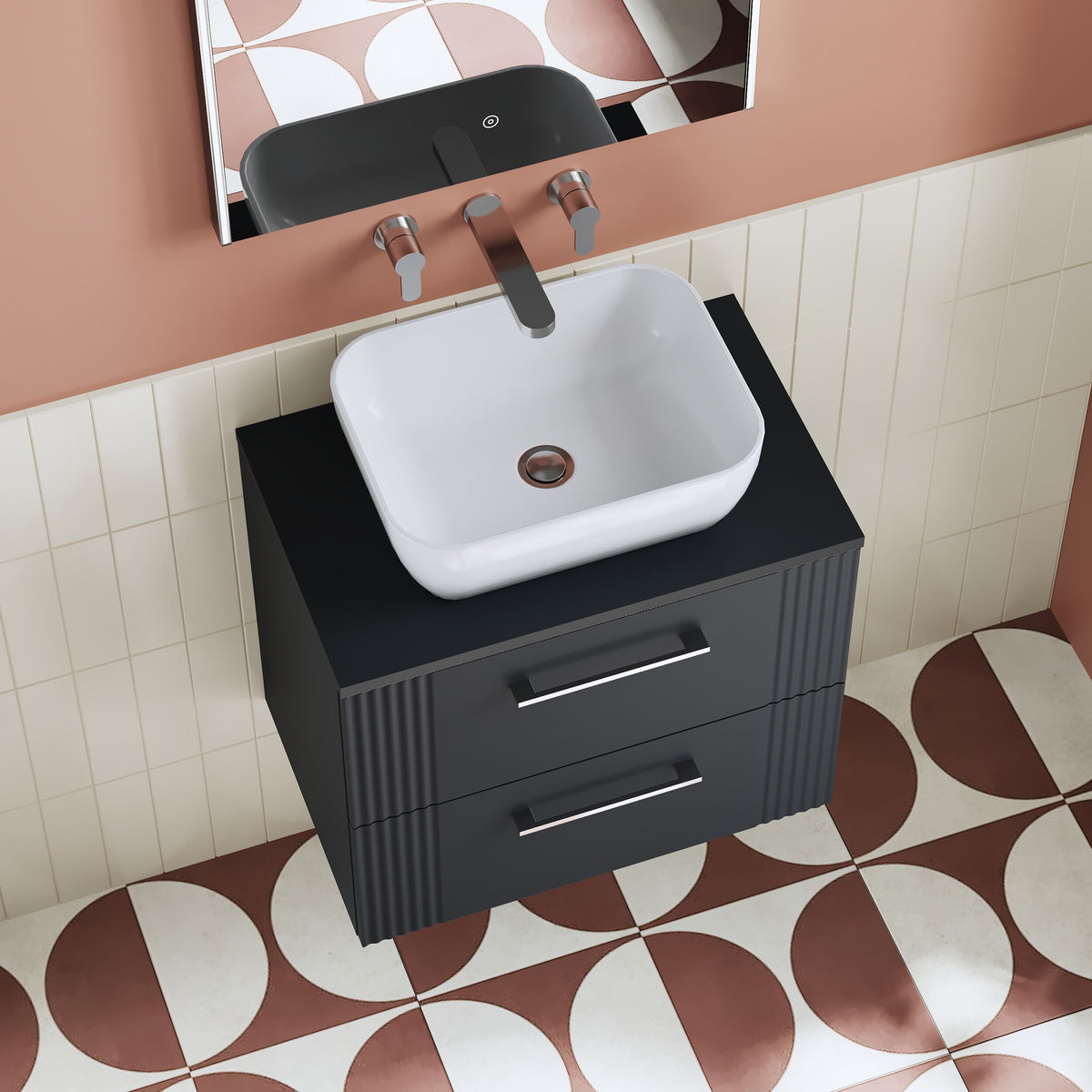 Modern Splash 600mm Soft Black Part Fluted 2 Drawer Wall Hung Vanity & Worktop With Co-ordinating Worktop