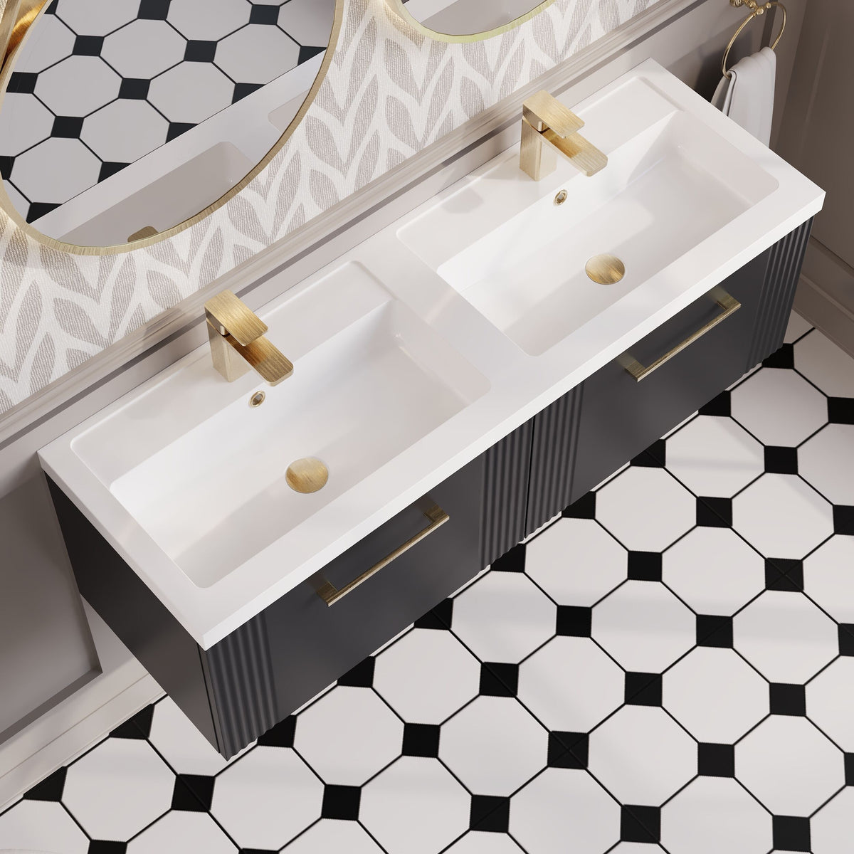 Modern Splash 1200mm Soft Black 2 Drawer Wall Hung Vanity Unit With 2 Tap Hole Polymarble basin