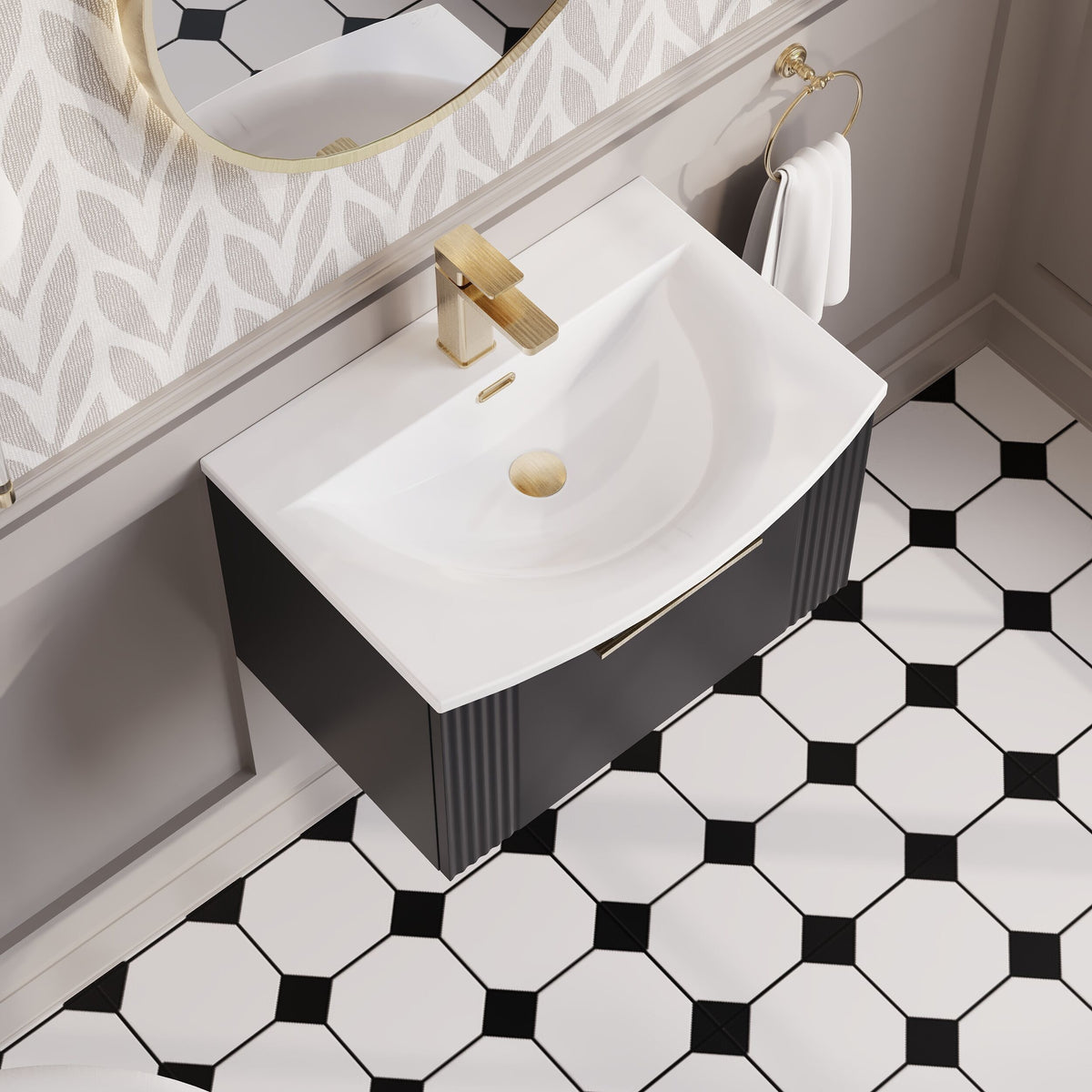 Modern Splash 600mm Soft Black 1 Drawer Wall Hung Vanity Unit With Curved Basin