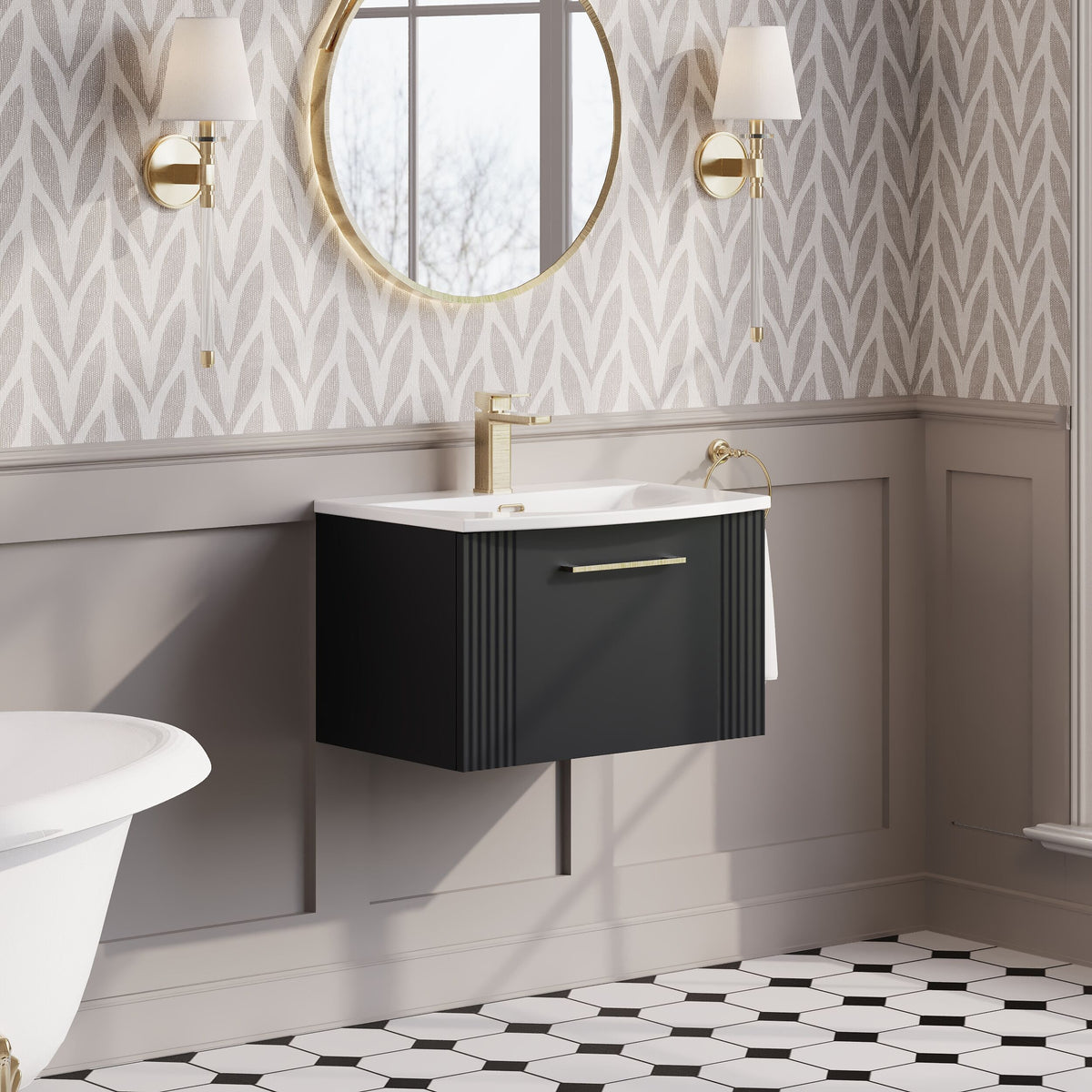 Modern Splash 600mm Soft Black 1 Drawer Wall Hung Vanity Unit With Curved Basin