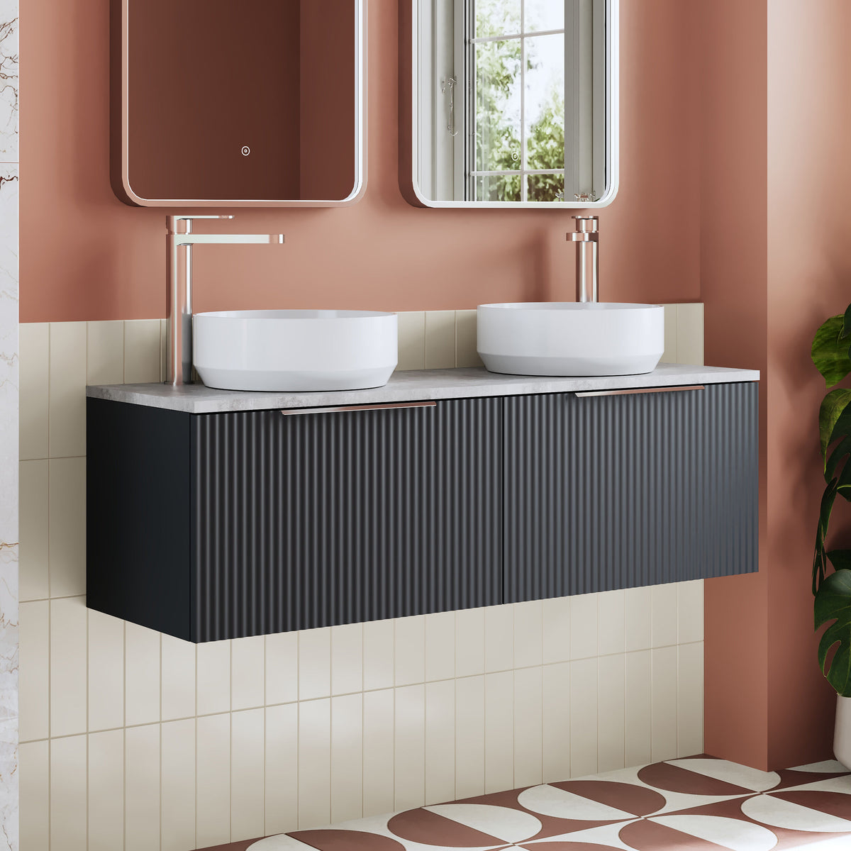 Modern Splash 1200mm Soft Black Part Fluted 2 Drawer Wall Hung Vanity Unit With Bellato Grey Worktop