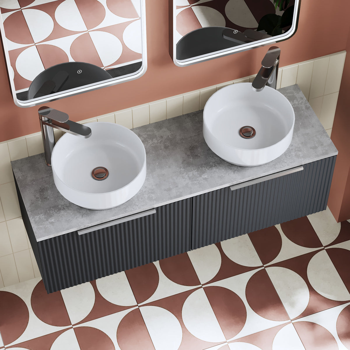 Modern Splash 1200mm Soft Black Part Fluted 2 Drawer Wall Hung Vanity Unit With Bellato Grey Worktop