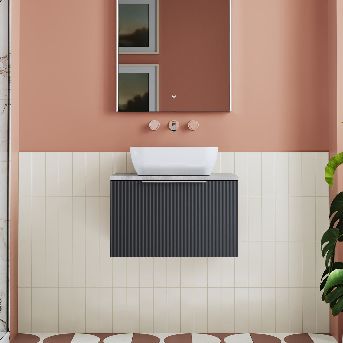 Modern Splash 600mm Soft Black Fluted 1 Drawer Wall Hung Vanity Unit With Bellato Grey Worktop