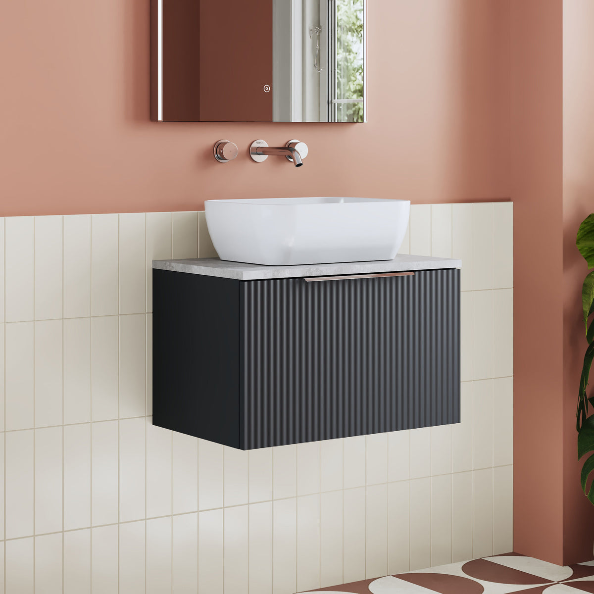 Modern Splash 600mm Soft Black Fluted 1 Drawer Wall Hung Vanity Unit With Bellato Grey Worktop