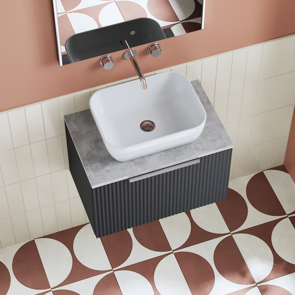 Modern Splash 600mm Soft Black Fluted 1 Drawer Wall Hung Vanity Unit With Bellato Grey Worktop