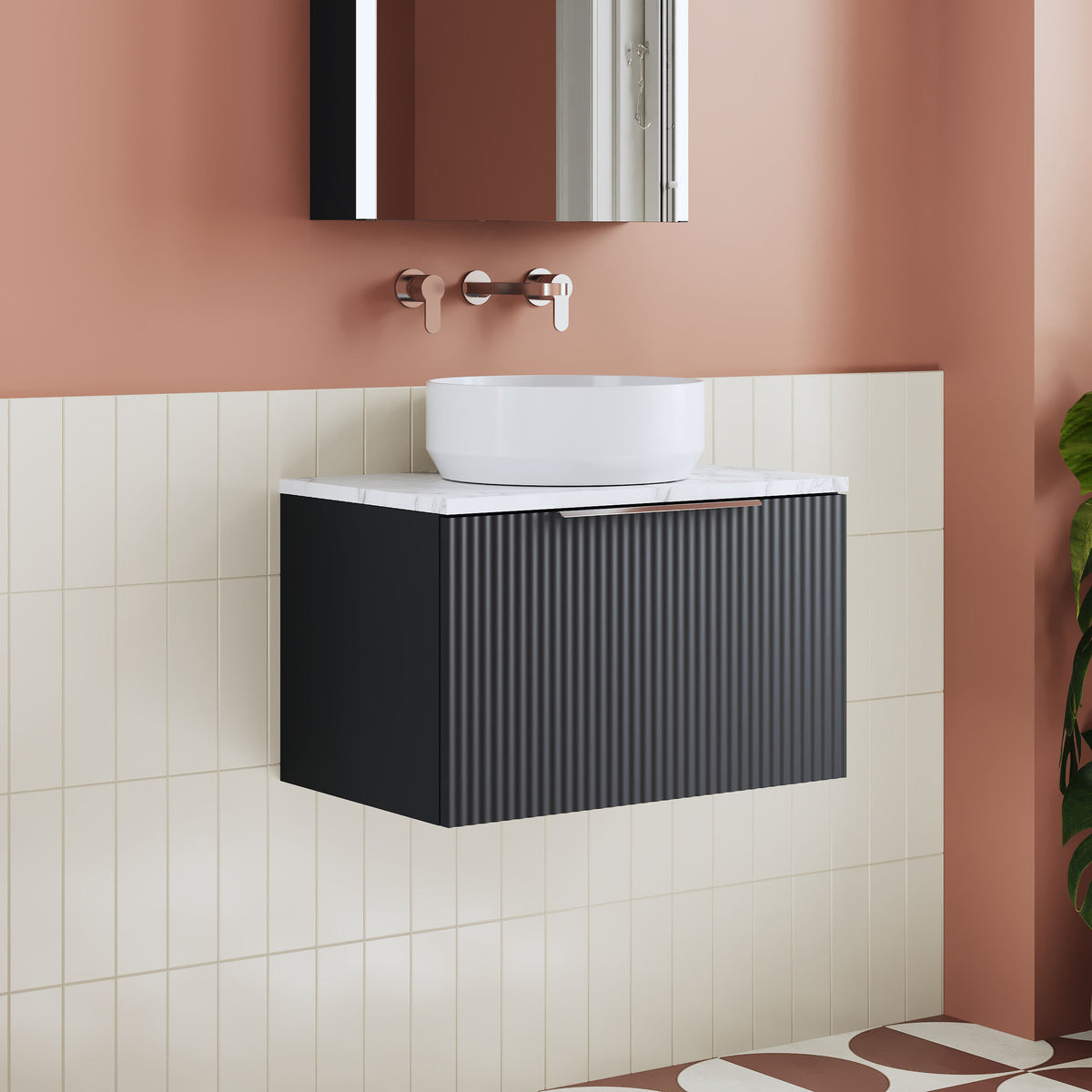Modern Splash 600mm Soft Black 1 Drawer Wall Hung Vanity Unit With Carrara Laminate Worktop