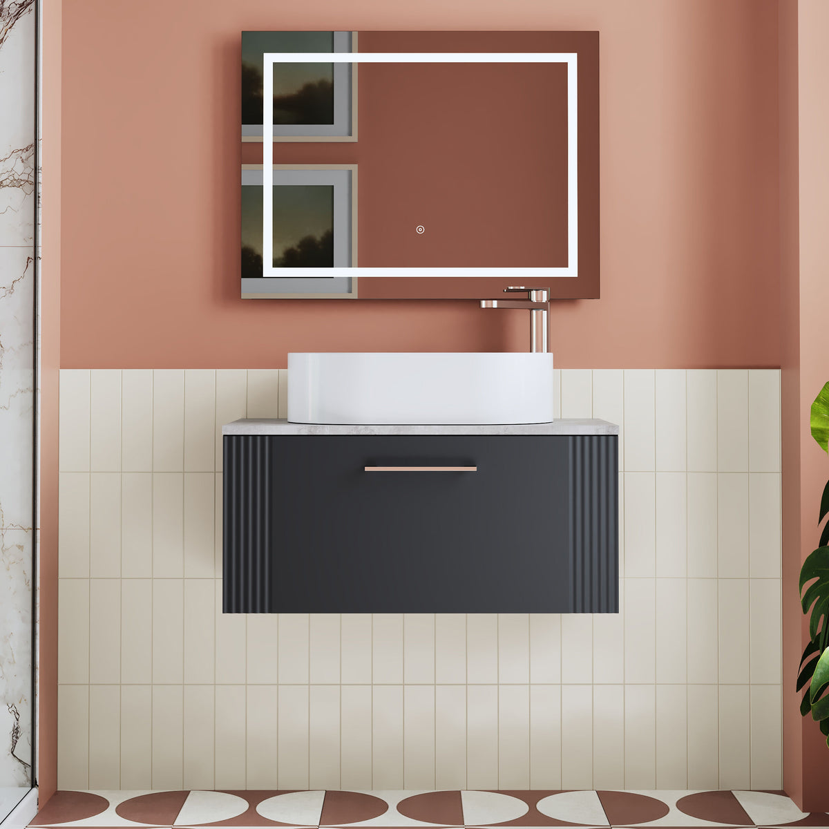 Modern Splash 800mm Soft Black Wall Hung Soft Black Vanity Unit With Bellato Grey Worktop