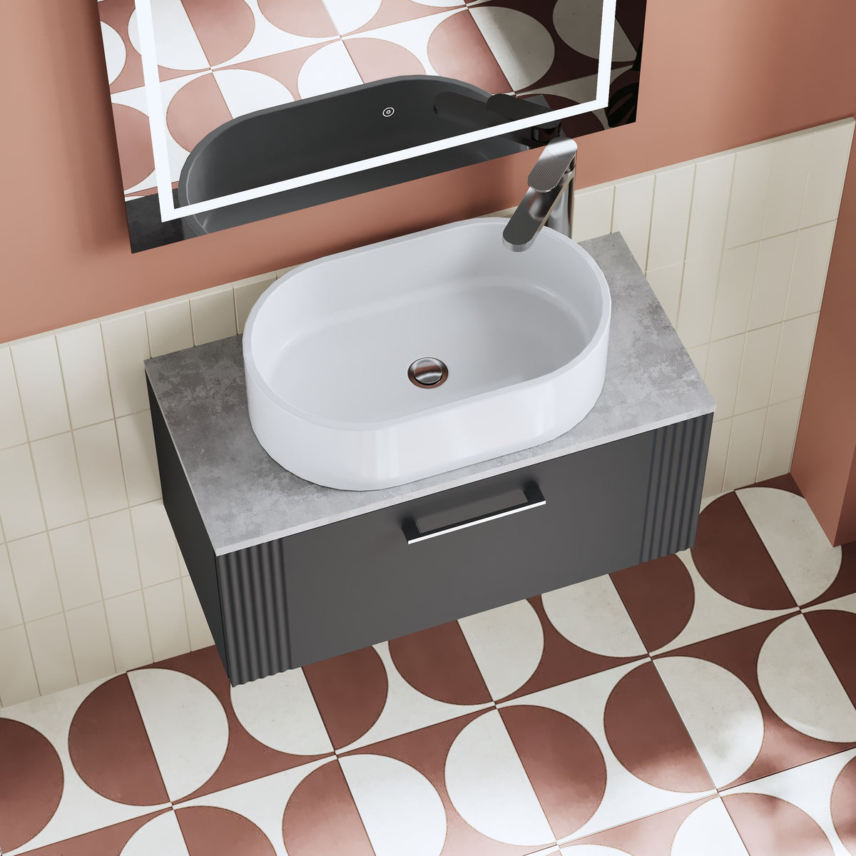 Modern Splash 800mm Soft Black Wall Hung Soft Black Vanity Unit With Bellato Grey Worktop