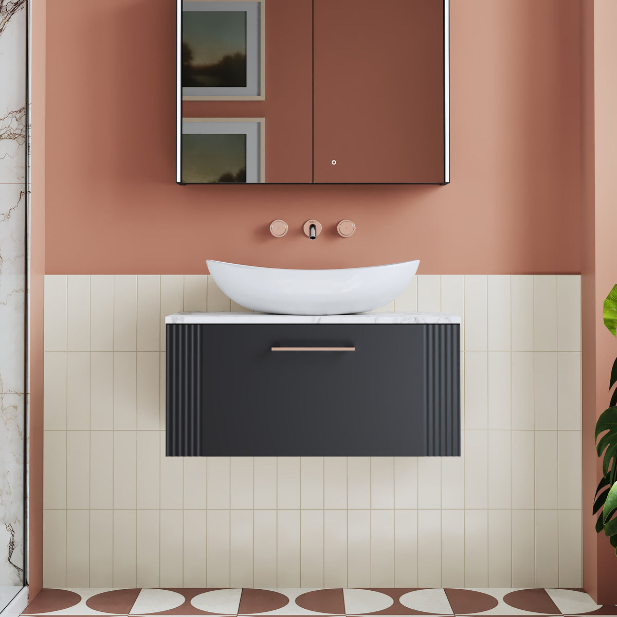Modern Splash 800mm Soft Black Part Fluted 1 Drawer Wall Hung Vanity Unit With Carrara Laminate Worktop