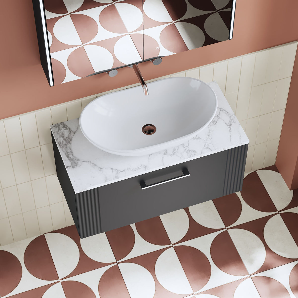 Modern Splash 800mm Soft Black Part Fluted 1 Drawer Wall Hung Vanity Unit With Carrara Laminate Worktop
