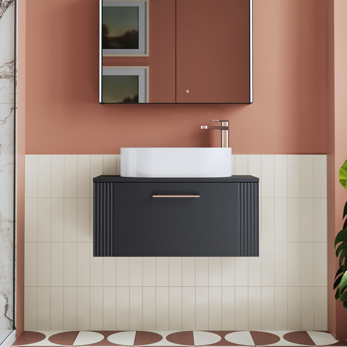 Modern Splash 800mm Soft Black Part Fluted 1 Drawer Wall Hung Vanity & Worktop With Co-ordinating Worktop