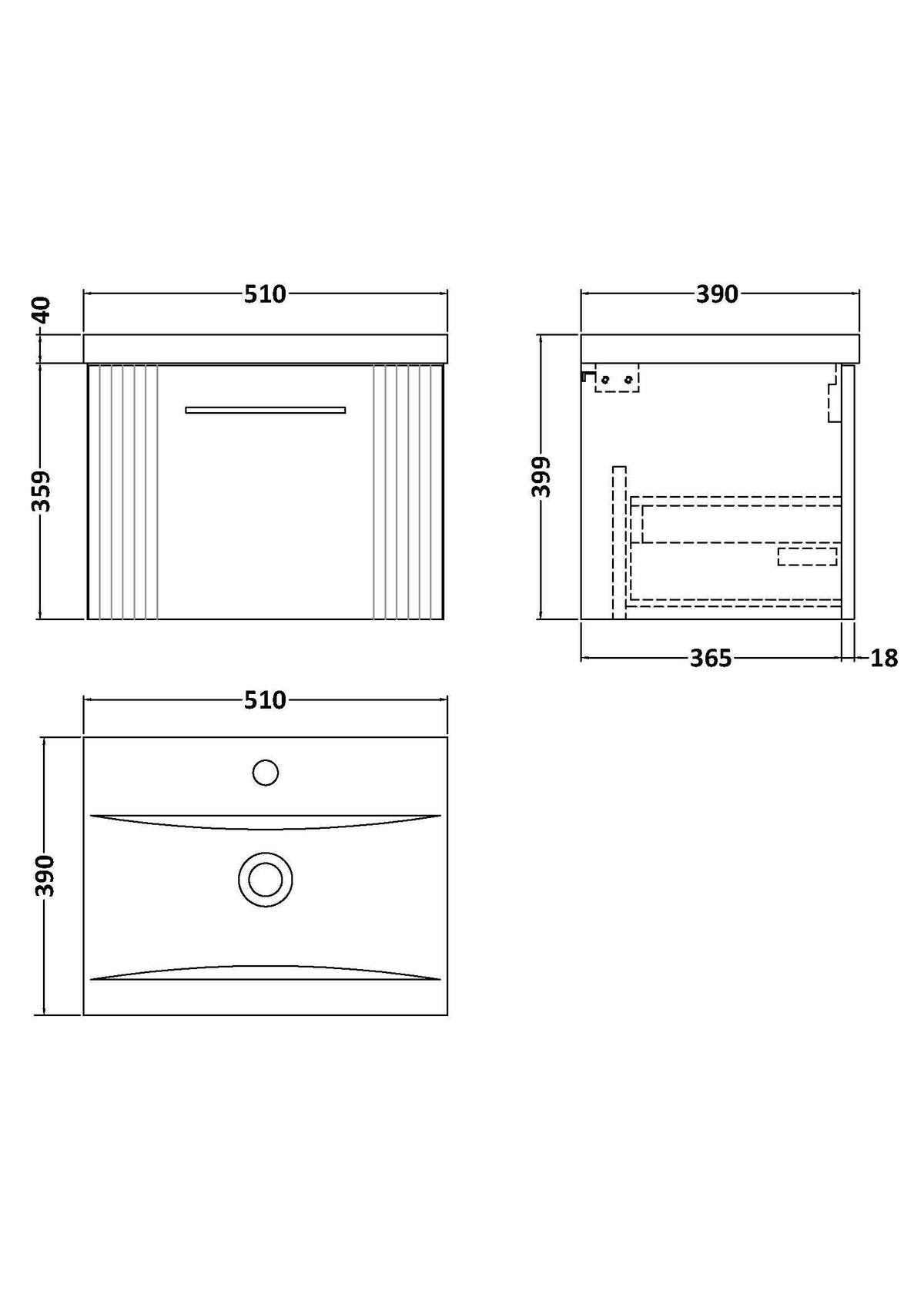Modern Splash 500mm Satin White 1 Drawer Wall Hung Vanity Unit With Mid-Edge Basin