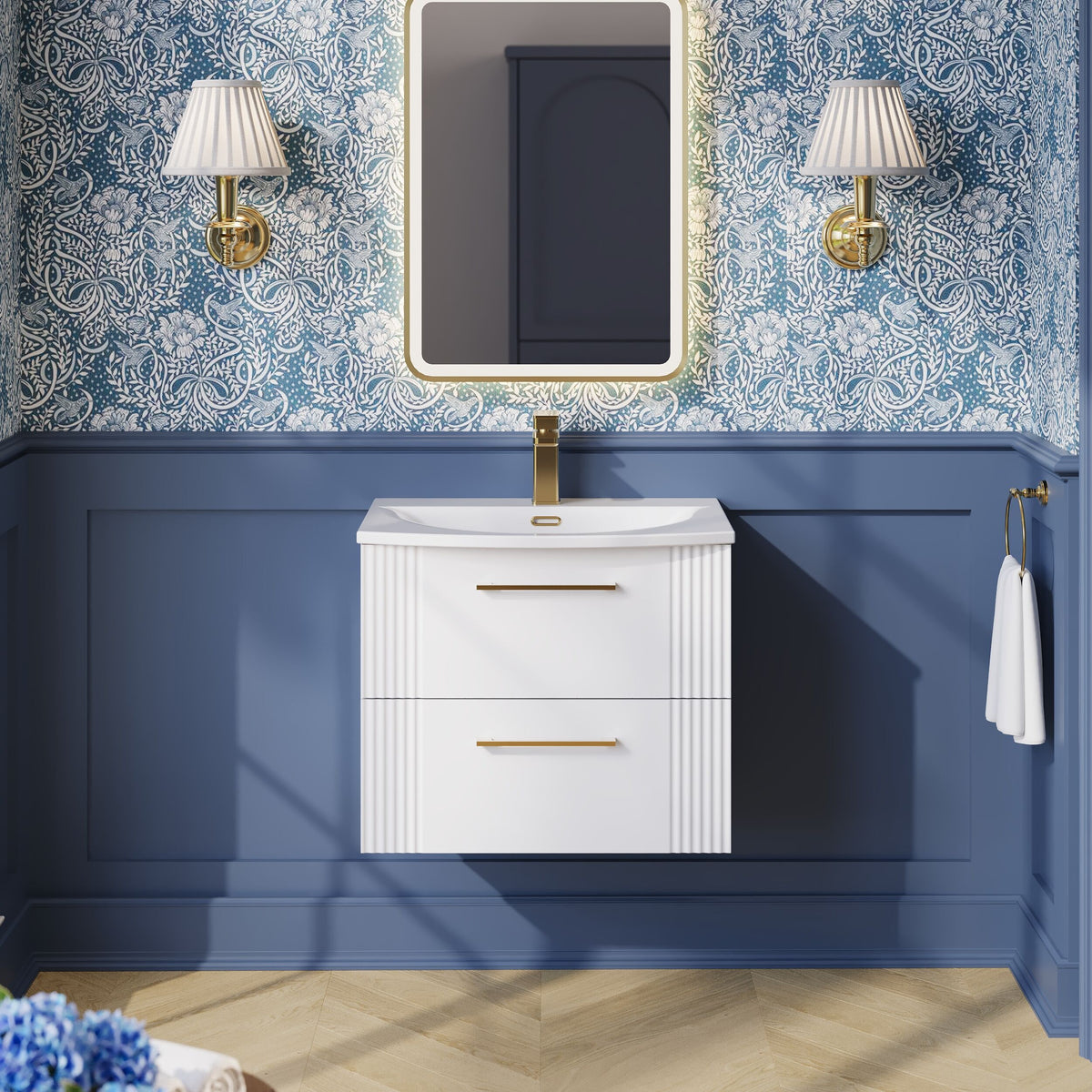 Modern Splash 600mm Satin White 2 Drawer Wall Hung Vanity Unit With Curved Basin