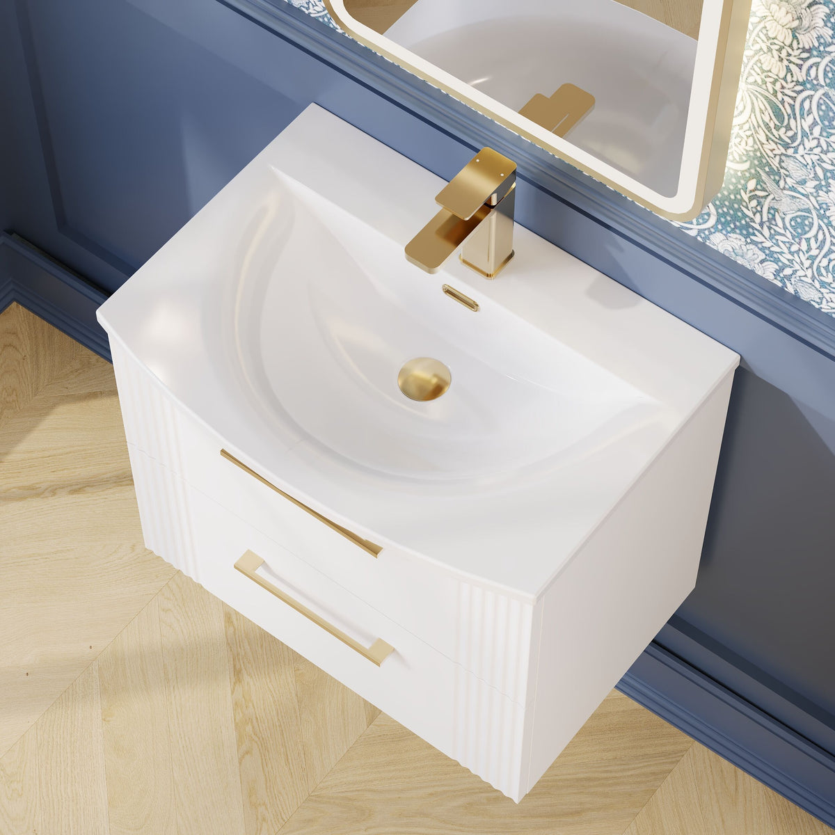 Modern Splash 600mm Satin White 2 Drawer Wall Hung Vanity Unit With Curved Basin