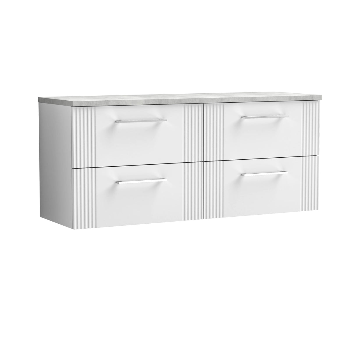Modern Splash 1200mm Satin White Part Fluted 4 Drawer Wall Hung Vanity Unit With Bellato Grey Worktop