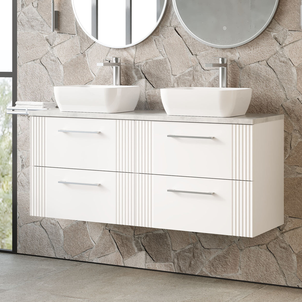 Modern Splash 1200mm Satin White Part Fluted 4 Drawer Wall Hung Vanity Unit With Bellato Grey Worktop