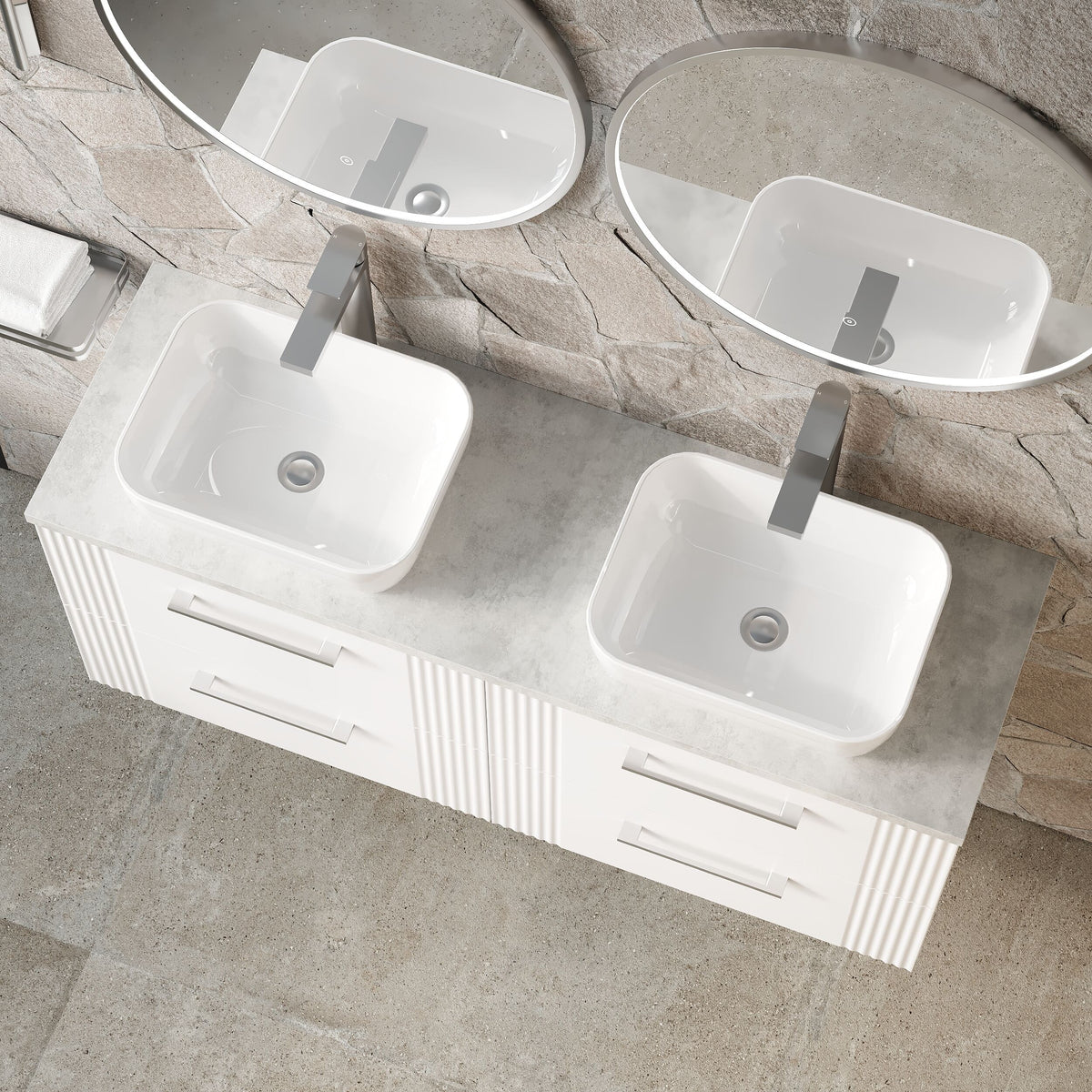 Modern Splash 1200mm Satin White Part Fluted 4 Drawer Wall Hung Vanity Unit With Bellato Grey Worktop