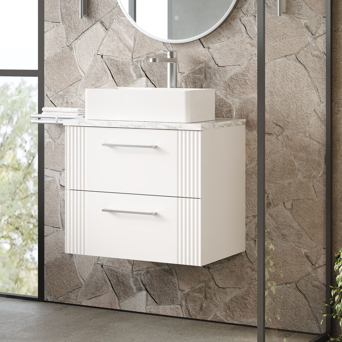 Modern Splash 600mm Satin White 2 Drawer Wall Hung Vanity Unit With Carrara Laminate Worktop