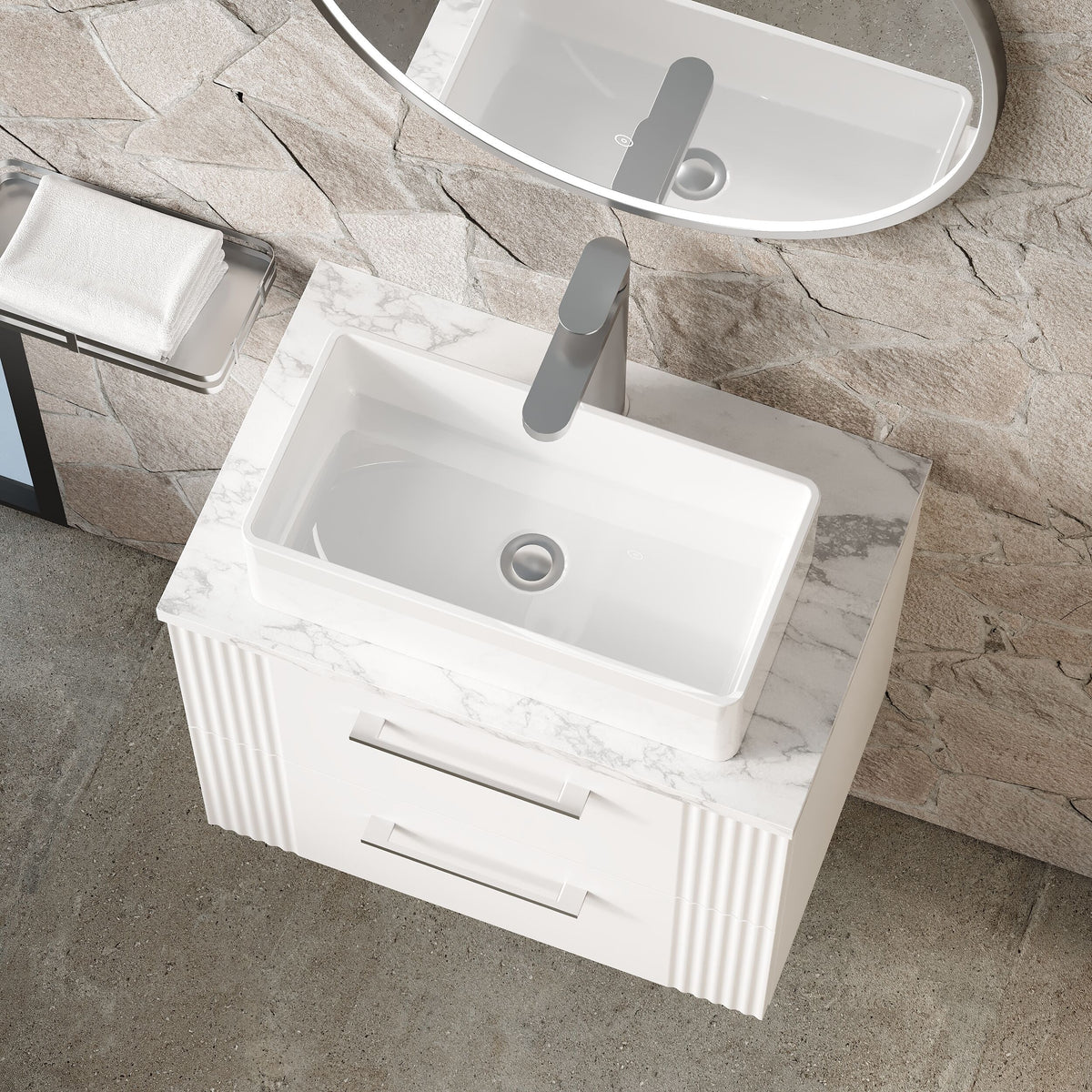Modern Splash 600mm Satin White 2 Drawer Wall Hung Vanity Unit With Carrara Laminate Worktop