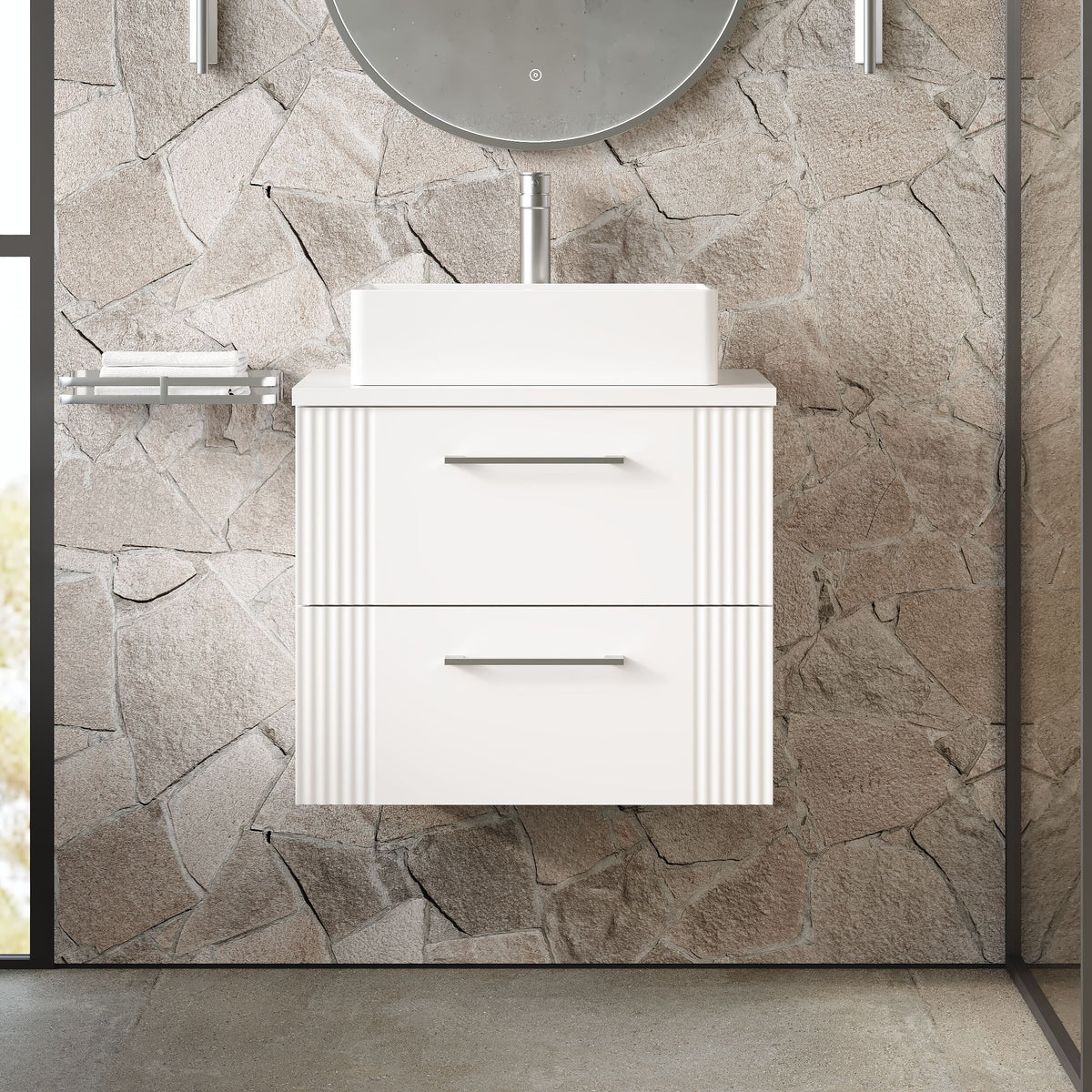 Modern Splash 600mm Satin White 2 Drawer Wall Hung Vanity & Worktop With Co-ordinating Worktop