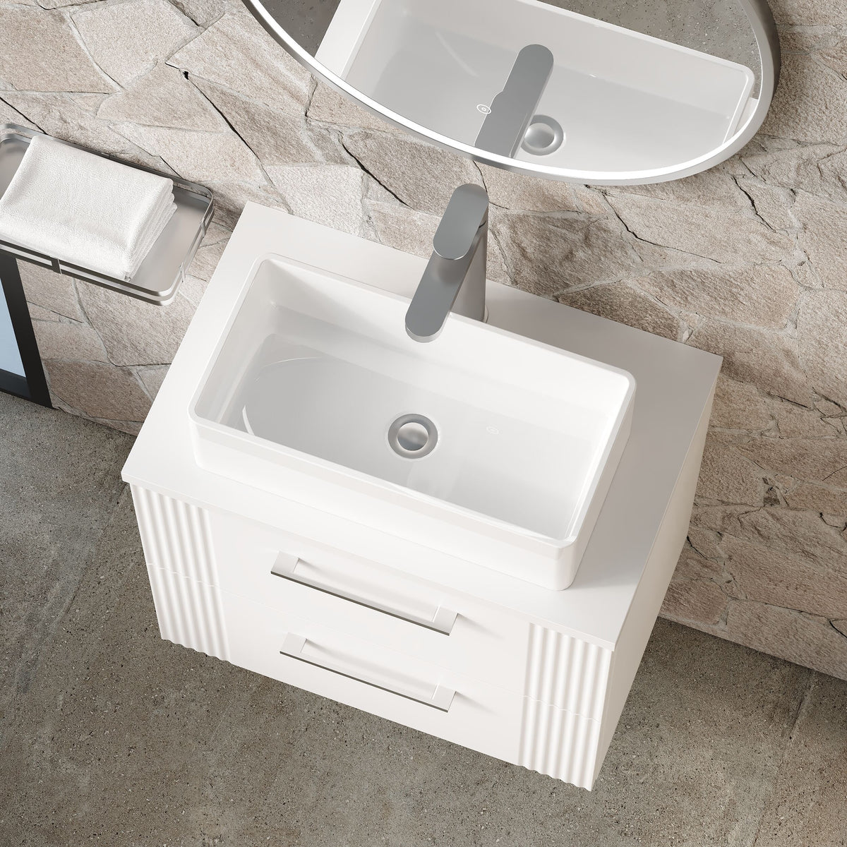 Modern Splash 600mm Satin White 2 Drawer Wall Hung Vanity & Worktop With Co-ordinating Worktop