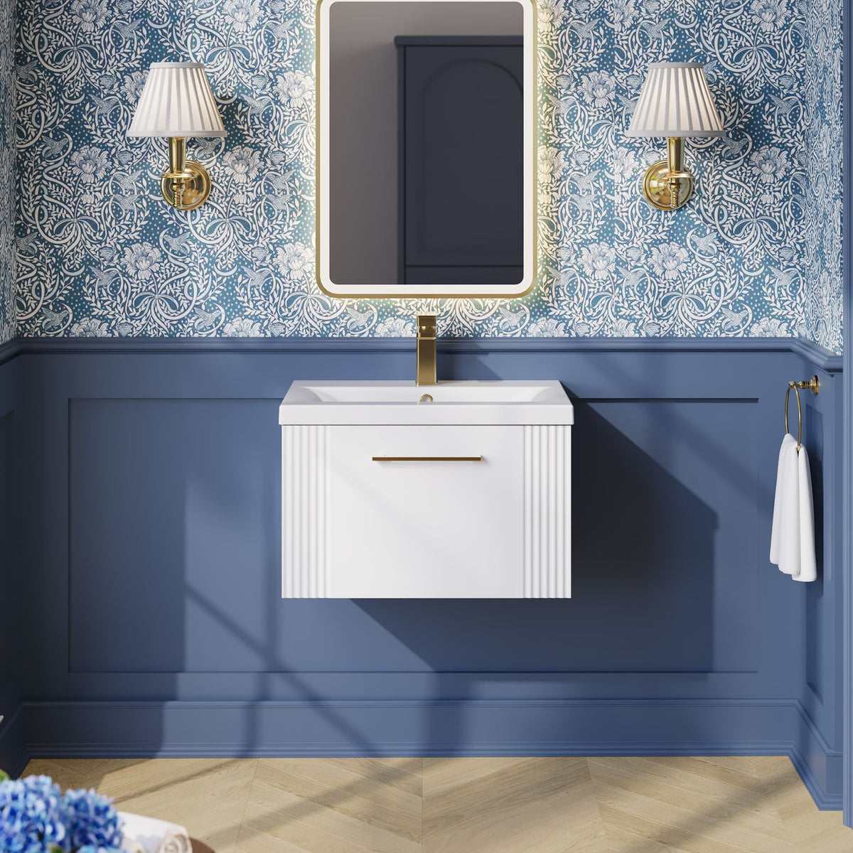 Modern Splash 600mm Satin White 1 Drawer Wall Hung Vanity Unit With Mid-Edge Basin
