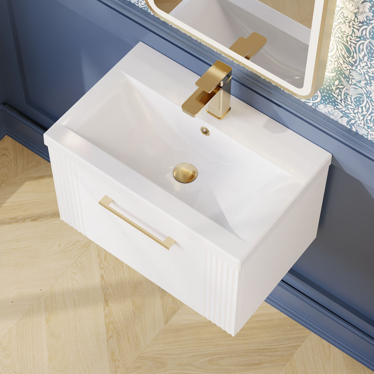 Modern Splash 600mm Satin White 1 Drawer Wall Hung Vanity Unit With Mid-Edge Basin