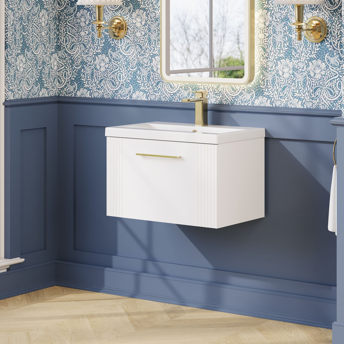 Modern Splash 600mm Satin White 1 Drawer Wall Hung Vanity Unit With Mid-Edge Basin