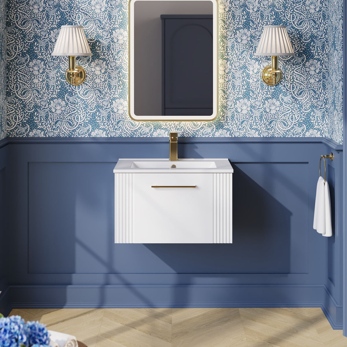 Modern Splash 600mm Satin White 1 Drawer Wall Hung Vanity Unit With Minimalist Basin