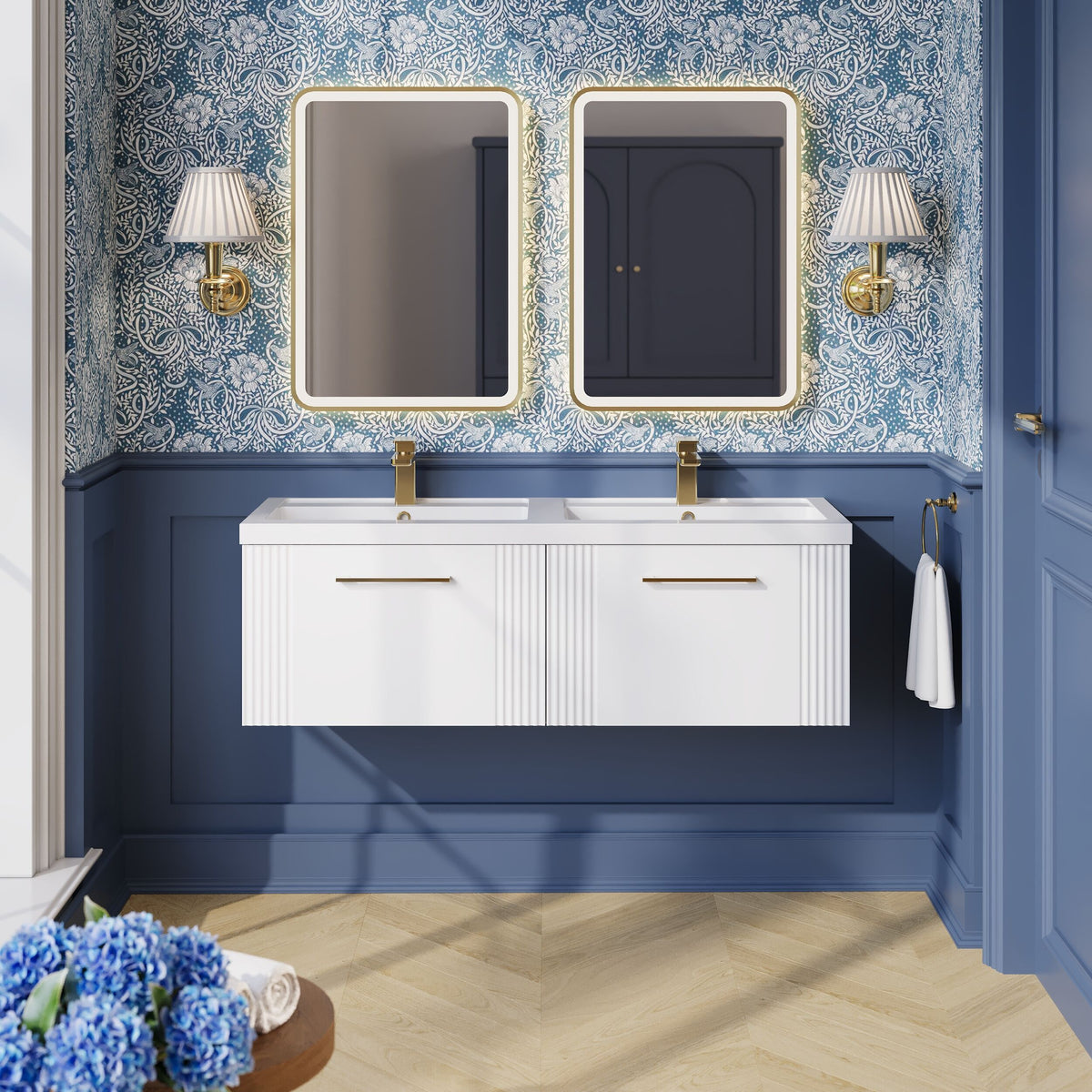 Modern Splash 1200mm Satin White 2 Drawer Wall Hung Vanity Unit With 2 Tap Hole Polymarble basin