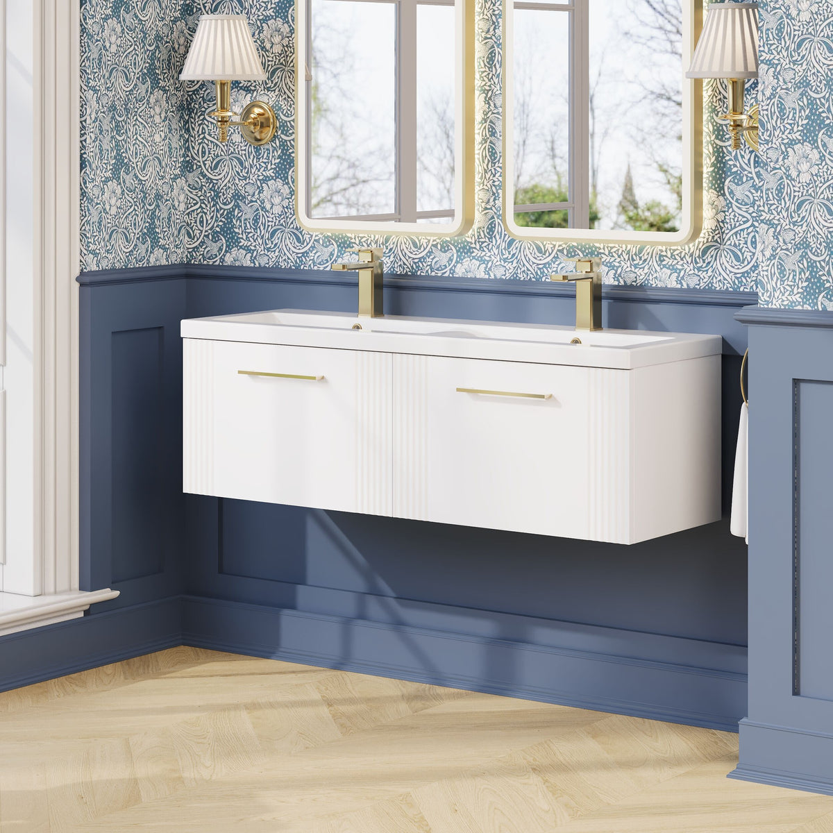 Modern Splash 1200mm Satin White 2 Drawer Wall Hung Vanity Unit With 2 Tap Hole Ceramic Basin