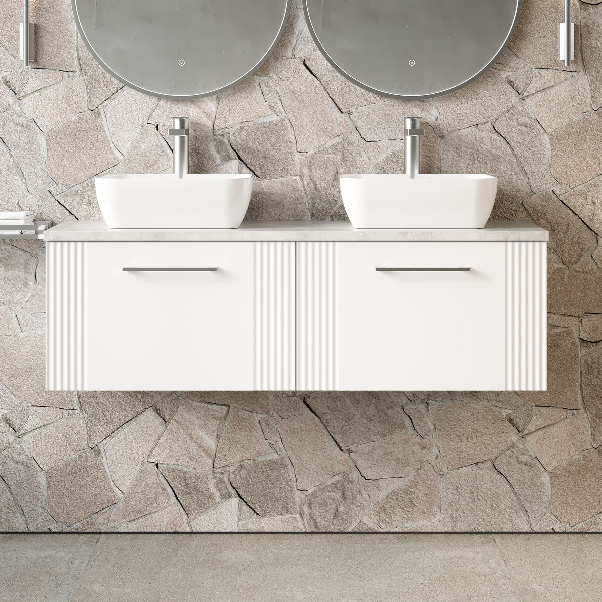 Modern Splash 1200mm Satin White Part Fluted 2 Drawer Wall Hung Vanity Unit With Bellato Grey Worktop