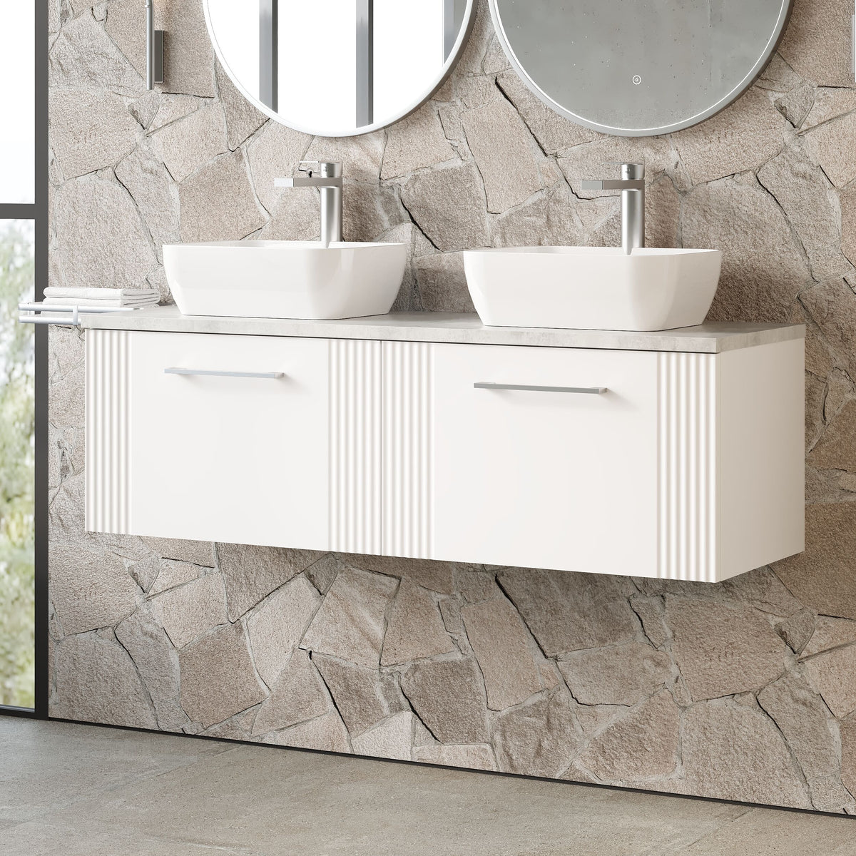 Modern Splash 1200mm Satin White Part Fluted 2 Drawer Wall Hung Vanity Unit With Bellato Grey Worktop