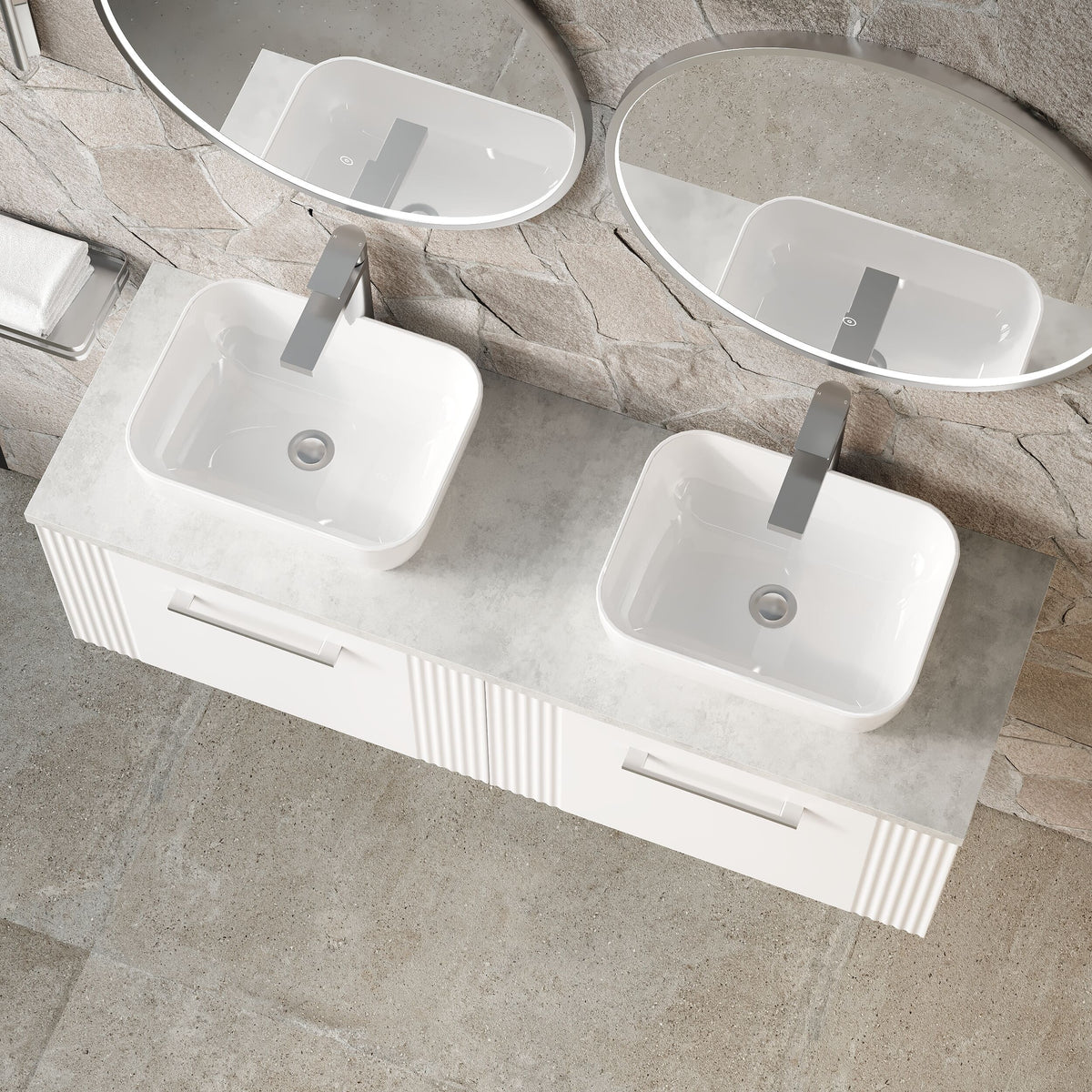 Modern Splash 1200mm Satin White Part Fluted 2 Drawer Wall Hung Vanity Unit With Bellato Grey Worktop