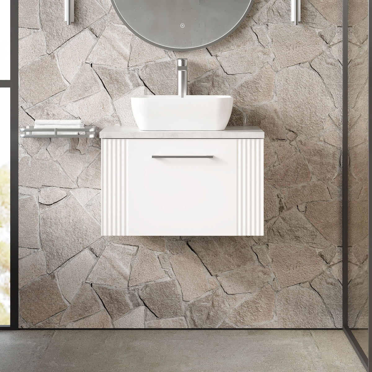 Modern Splash 600mm Satin White 1 Drawer Wall Hung Vanity With Bellato Grey Worktop