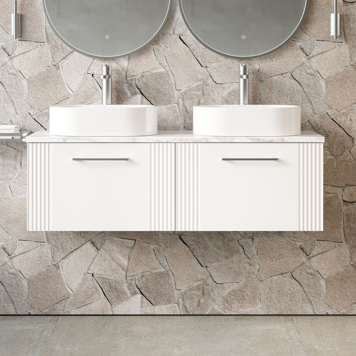 Modern Splash 1200mm Satin White Part Fluted 2 Drawer Wall Hung Vanity With Carrara Laminate Worktop