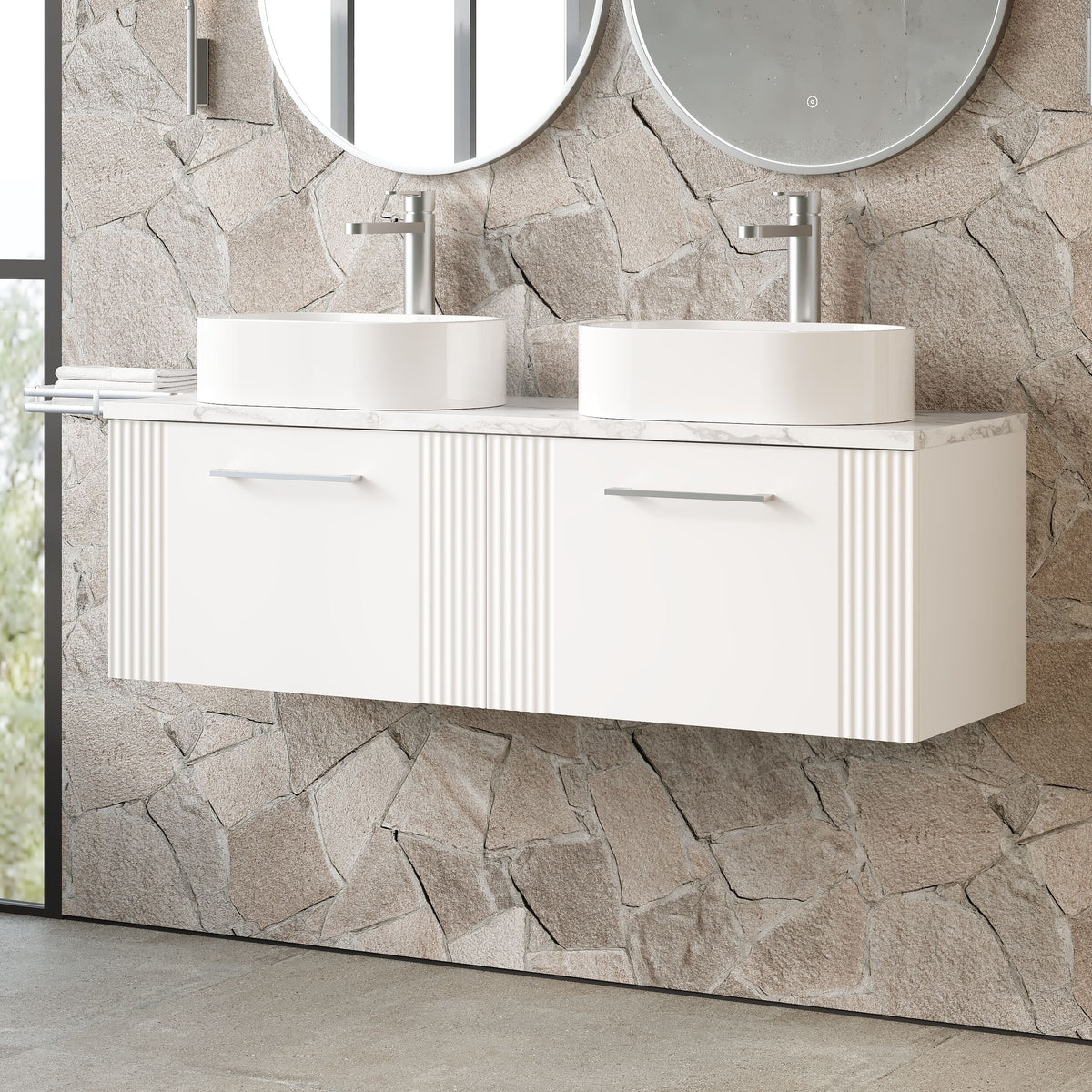 Modern Splash 1200mm Satin White Part Fluted 2 Drawer Wall Hung Vanity With Carrara Laminate Worktop