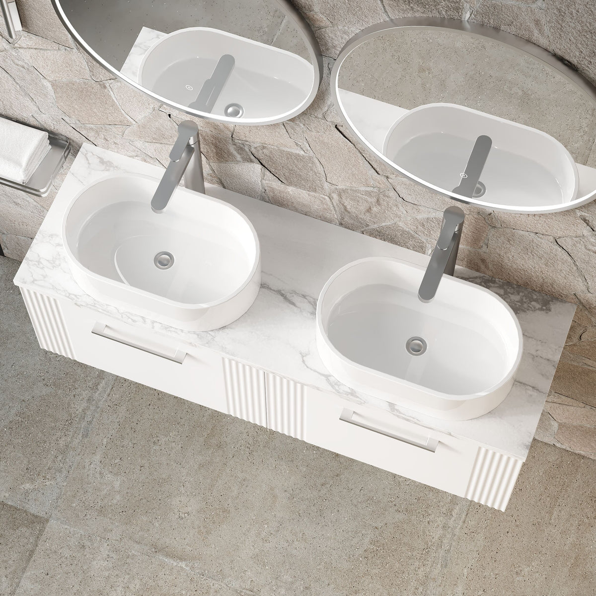 Modern Splash 1200mm Satin White Part Fluted 2 Drawer Wall Hung Vanity With Carrara Laminate Worktop