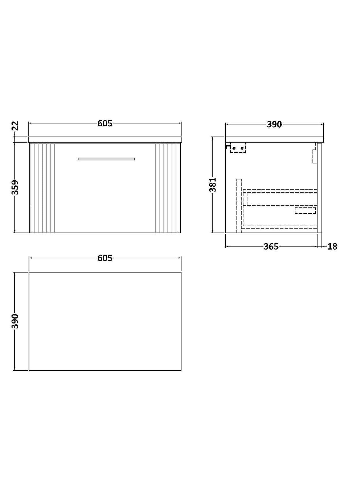 Modern Splash 600mm Satin White Part Fluted 1 Drawer Wall Hung Vanity With Carrara Laminate Worktop
