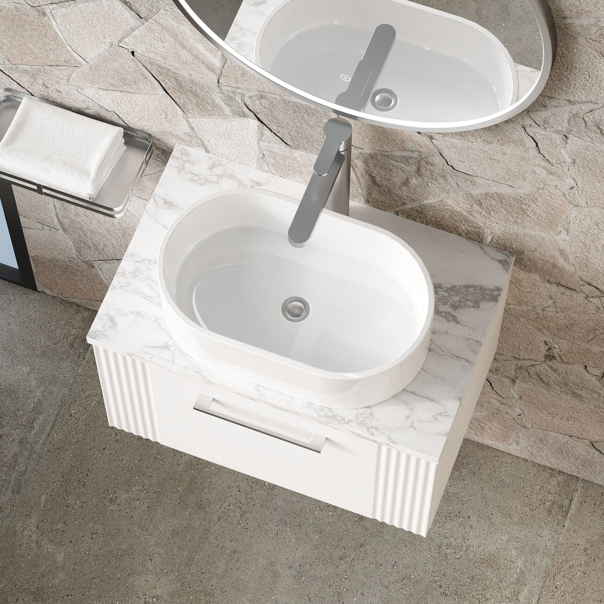 Modern Splash 600mm Satin White Part Fluted 1 Drawer Wall Hung Vanity With Carrara Laminate Worktop