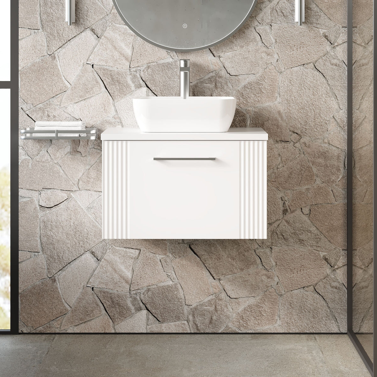 Modern Splash 600mm Satin White 1 Drawer Wall Hung Vanity & Worktop With Co-ordinating Worktop