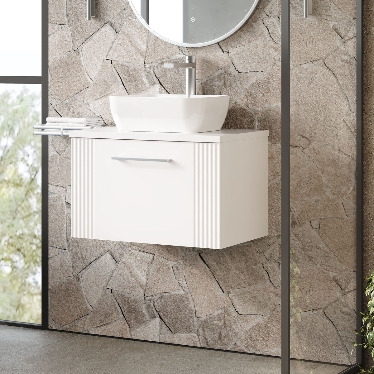 Modern Splash 600mm Satin White 1 Drawer Wall Hung Vanity & Worktop With Co-ordinating Worktop