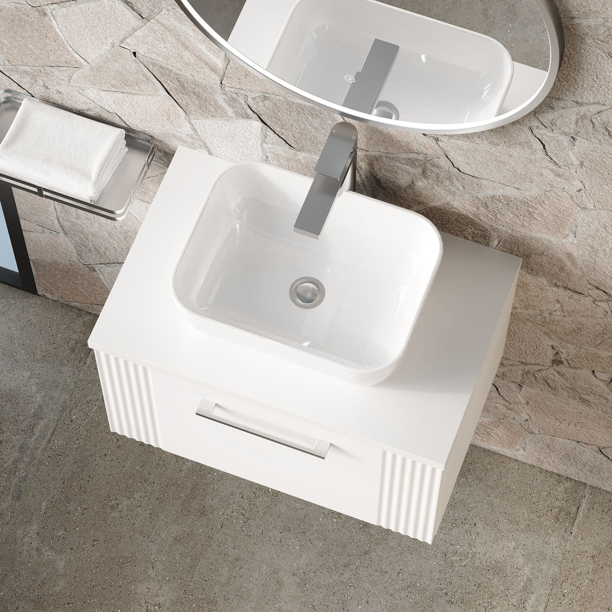Modern Splash 600mm Satin White 1 Drawer Wall Hung Vanity & Worktop With Co-ordinating Worktop