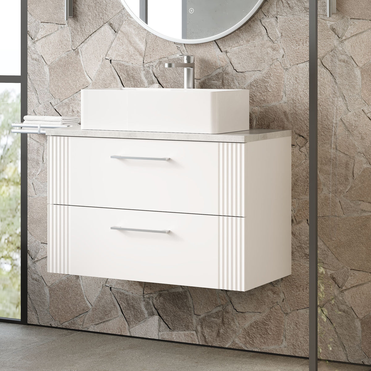 Modern Splash 800mm Satin White 2 Drawer Wall Hung Vanity With Bellato Grey Worktop