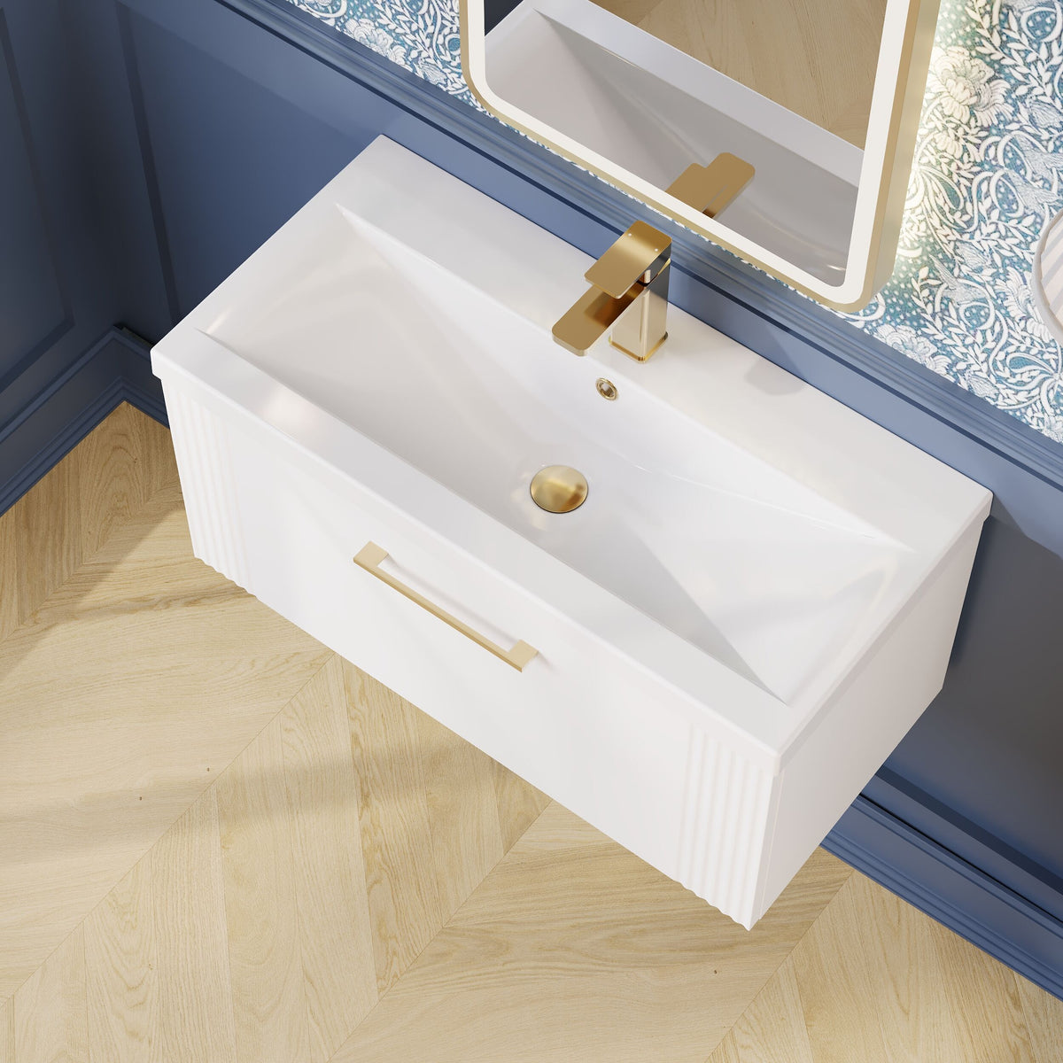 Modern Splash 800mm Satin White 1 Drawer Wall Hung Vanity Unit With Mid-Edge Basin