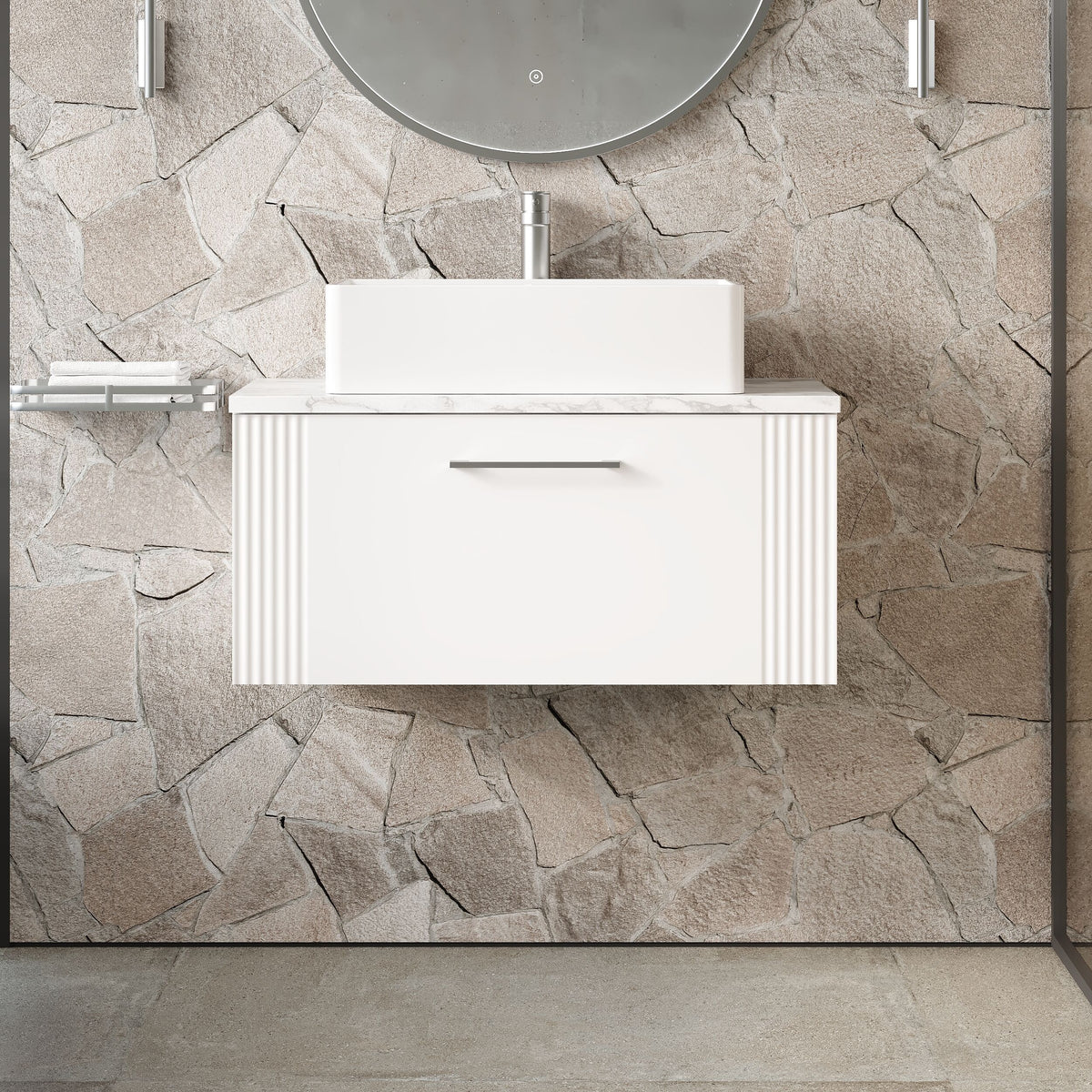 Modern Splash 800mm Satin White 1 Drawer Wall Hung Vanity Unit With Carrara Laminate Worktop