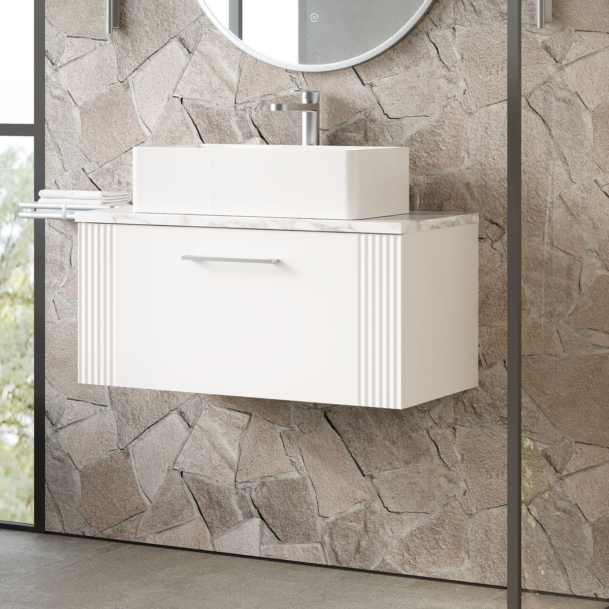 Modern Splash 800mm Satin White 1 Drawer Wall Hung Vanity Unit With Carrara Laminate Worktop