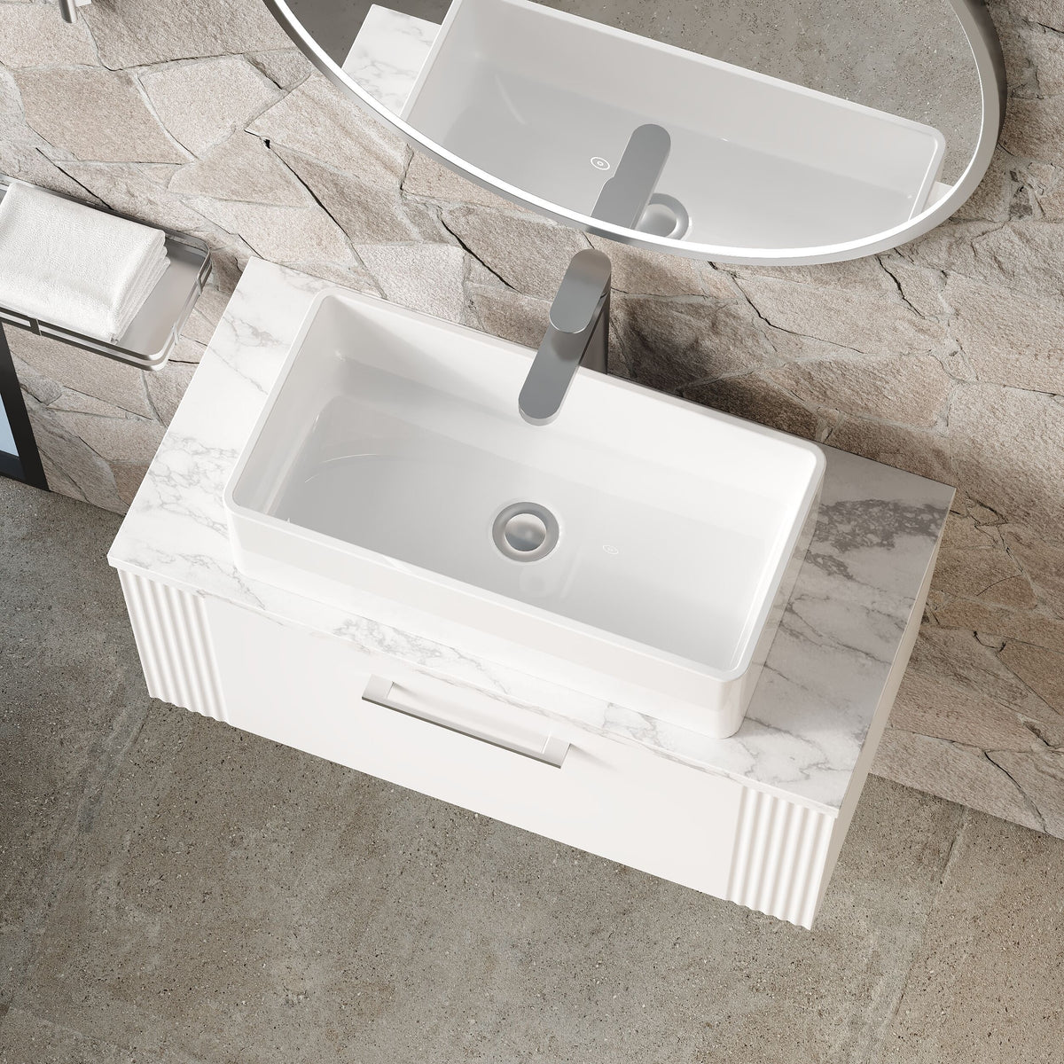 Modern Splash 800mm Satin White 1 Drawer Wall Hung Vanity Unit With Carrara Laminate Worktop