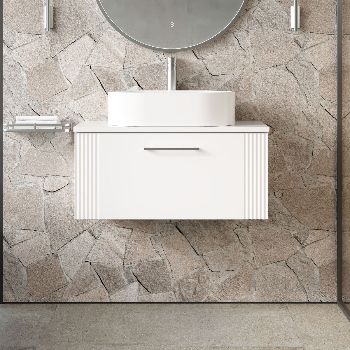 Modern Splash 800mm Satin White 1 Drawer Wall Hung Vanity & Worktop With Co-ordinating Worktop