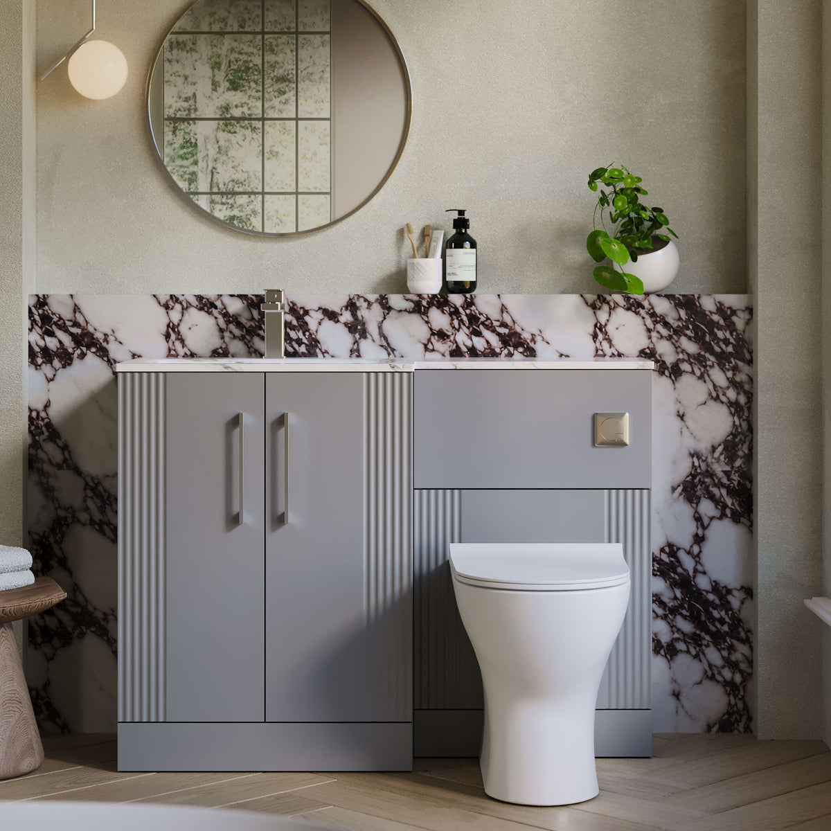 Modern Splash 1100mm Left-Hand 2 Door Satin Grey Floor Standing Combination Unit With Stone Basin